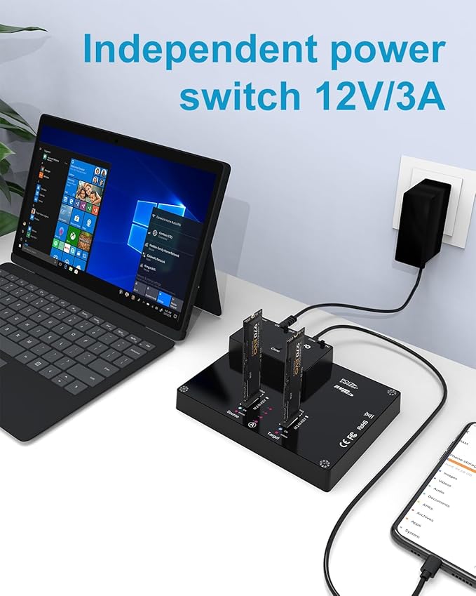 MAIWO K3015P Portable Dual Bay M.2 NVME Docking Station, Tool-Free Type-C10Gbps NVME SSD External Enclosure, with Offline Clone duplicator and System Copy Function.
