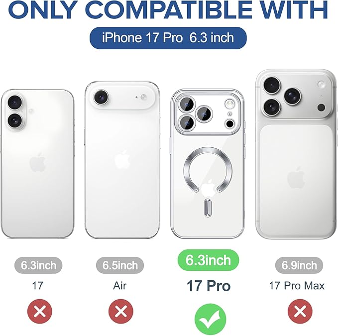 Hython Magnetic Clear for iPhone 17 Pro Case with Camera Lens Protector [Compatible with MagSafe] Luxury Plating Edge Slim Soft TPU Cover Protective Phone Case for iPhone 17 Pro 6.3", Silver