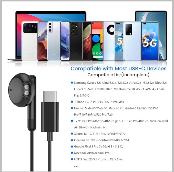 USB C Headphones for iPhone 17 16 15 Pro Max Plus iPad Pro USB C Earphones with Microphone Volume Control USBC Wired Earbuds USB Type C Earphone for Google Pixel 8 Samsung S25 S24 S23 S22 S21 S20 A55
