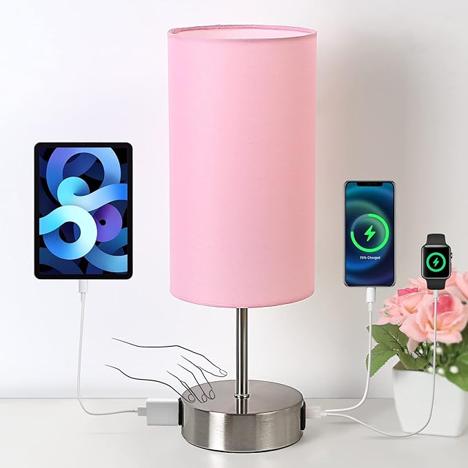 Yarra-Decor 【Upgraded Bedside Lamp with USB A+C Charging Ports & AC Outlet Touch Control Table Lamp for Girl Bedroom 3 Way Dimmable Nightstand Lamp with Pink Shade for Home, Dorm(Bulb Included)