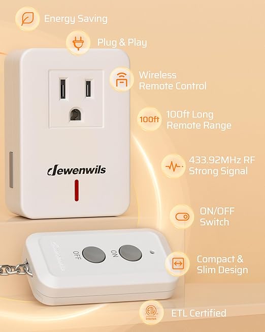 DEWENWILS Indoor Remote Control Outlet, Expandable Remote Light Switch Kit, Wireless On Off Power Switch, 100ft RF Range, Compact Design, White