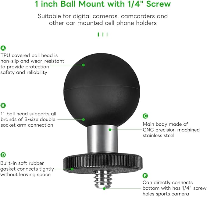 FANAUE GB-02 Aluminum 1" Ball Adapter with 1/4"-20 Threaded Stud for Action Camera, Compatible with RAM Mount B Size Socket Arm Phone Holder Motorcycle Riding Photography Sports