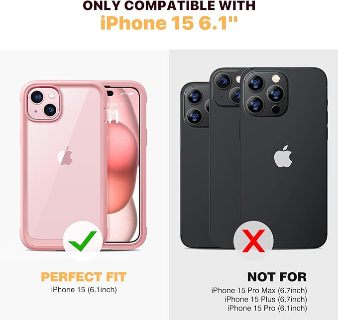 Diaclara Designed for iPhone 15 Case 6.1 Inch,Upgraded Full Body Rugged Clear Bumper Case with Built-in Privacy Screen Protector for iPhone 15,Pink