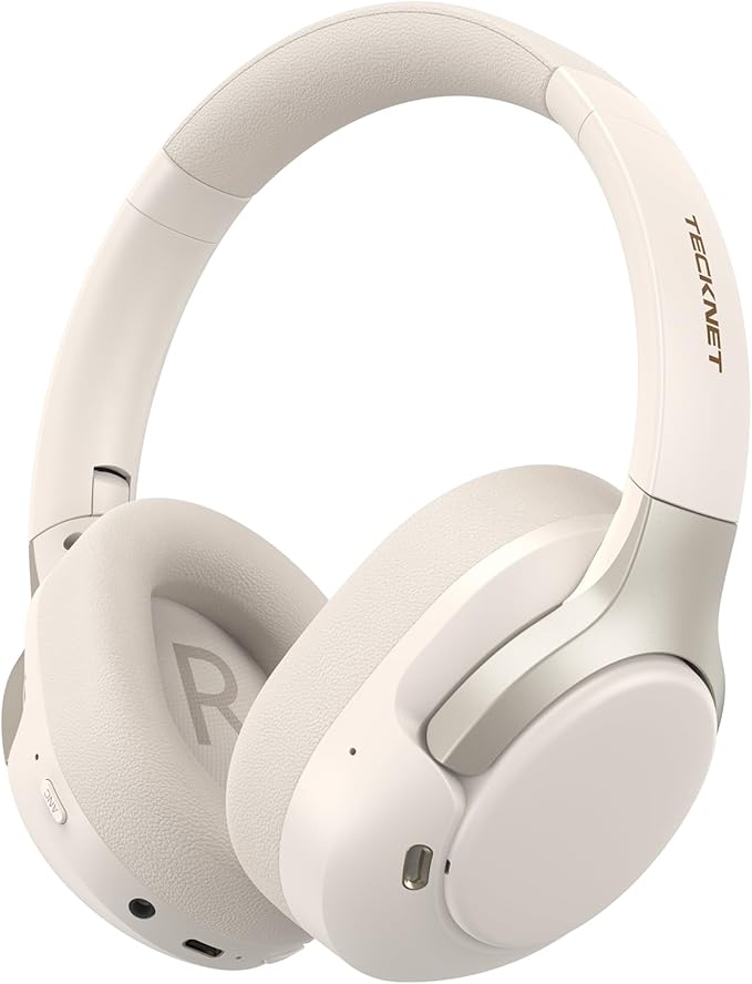 TECKNET Hybrid Active Noise Cancelling Headphones, Bluetooth 6.0 Wireless Headphones, 70H Playtime and 6 EQ Music Modes with 3.5mm Cord, Over Ear Headphones for Travel Work Cellphone - White
