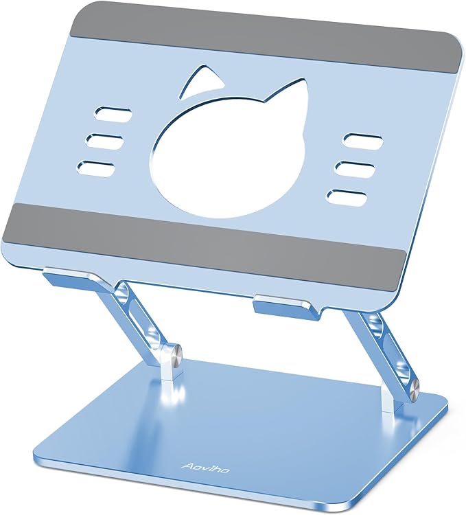 Aoviho Laptop Stand for Desk – Adjustable Aluminum Laptop Riser with Unique Cat-Shaped Cooling Vent, Portable Desk Gift & Decor, Compatible with MacBook Air Pro, Dell, HP, Lenovo (10"-17.3"), Sky Blue