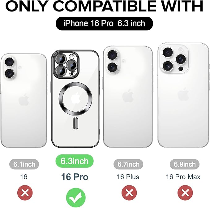 Hython Magnetic Clear for iPhone 16 Pro Case with Camera Lens Protector [Compatible with MagSafe] Luxury Plating Edge Slim Soft TPU Cover Protective Phone Case for iPhone 16 Pro 6.3", Black