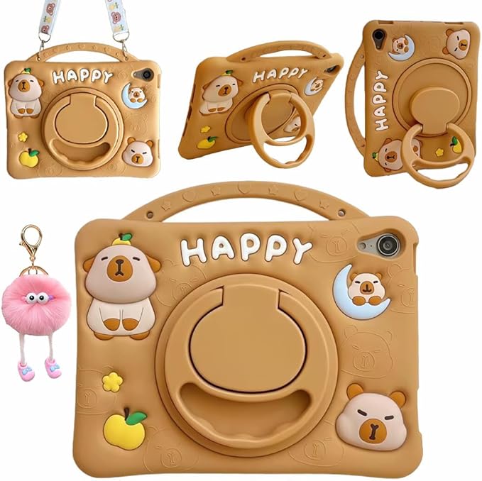 3D Kawaii Cute Press Capybara Case for iPad mini 1st 2nd 3rd 4th 5th Gen 7.9 inch,Cartoon Character Capybara Soft Silicone Rotating Stand Case with Lanyard for Kids Teens Girls Women