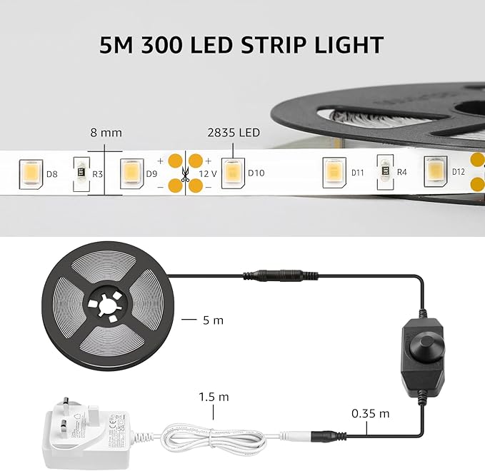 Lepro LED Strip Light White, 16.4Ft Dimmable Vanity Lights, 3000K Super Bright LED Tape Lights, 300 LEDs SMD 2835, Strong 3M Adhesive, Suitable for Home, Kitchen, Under Cabinet, Bedroom, Warm White