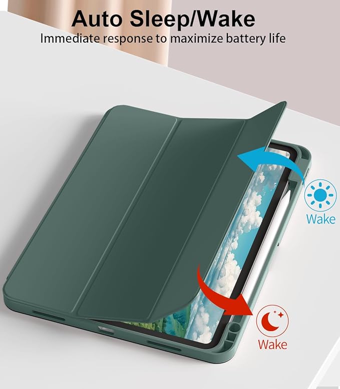 for iPad Pro 12.9 Case (6th/5th/4th/3rd Generation 2022/2021/2020) & ipad Air 13 inch case (M3 2025/M2 2024) with Pencil Holder, Smart Slim Trifold Stand Case with Soft TPU Back (Dark Green)
