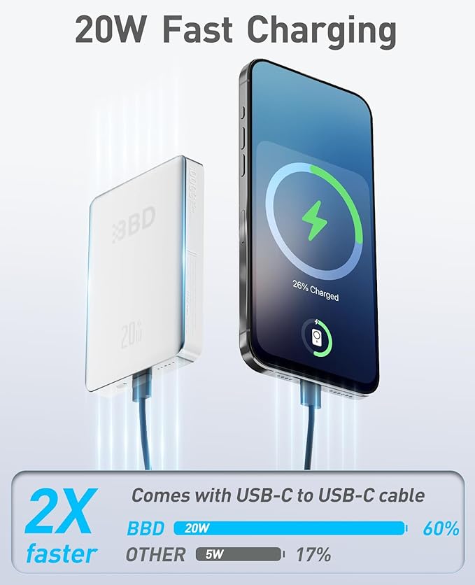 BBD Magsafe Portable Charger,10000mAh Magnetic Power Bank Fast Charging PD 20w with USB C Cable,Slim Magsafe Battery Pack,Wireless Power Bank for iPhone 17/16/15/14/13/12 Series 1 Pack-White