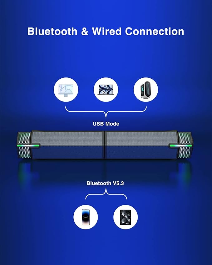 Jeecoo M20 Bluetooth Computer Speakers for PC Desktop Monitor, Gaming PC Sound Bar - Wired USB-Powered, Superb Stereo Sound, with Gradient RGB Lighting - Combine/Separate to Customize Your Desk