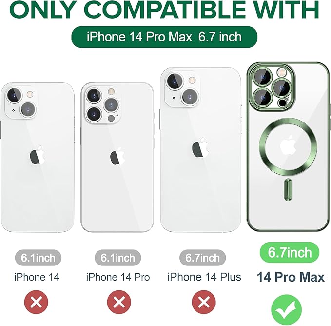 Hython Magnetic Clear for iPhone 14 Pro Max Case with Camera Lens Protector [Compatible with MagSafe] Plating Edge Slim Soft TPU Cover Protective Phone Case for iPhone 14 Pro Max 6.7", Deep Green