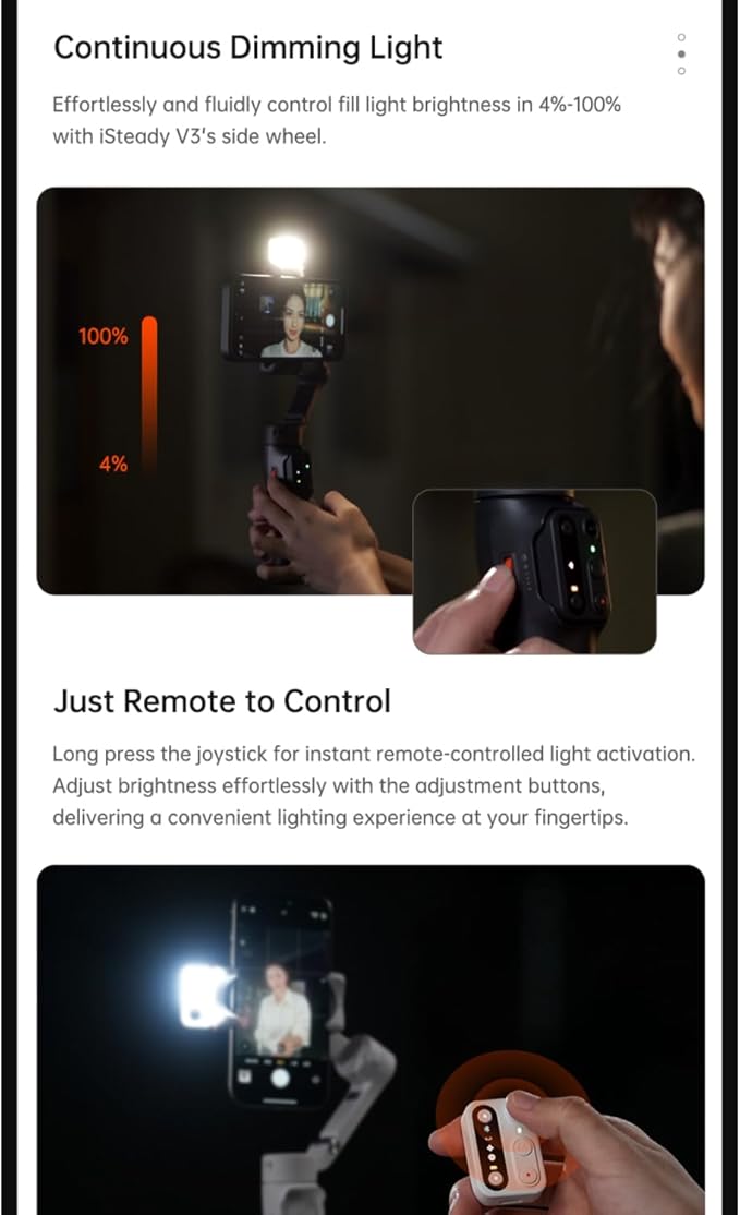 hohem Gimbal Stabilizer for Smartphone iSteady V3,Portable Phone Stabilizers with Al Tracker Detachable Remote Control Built-in Extension Rod/Tripod 3-Axis Stabilization 3-Color Fill Light