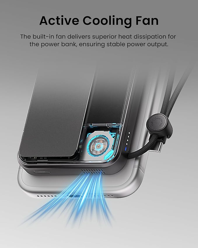 sharge ICEMAG 3 MagSafe Portable Charger, Qi2.2 25W Magnetic Power Bank 10000mAh with 35W Built-in Cable, Active Cooling& Foldable Stand, Transparent Design for iPhone 17/16 Series-White