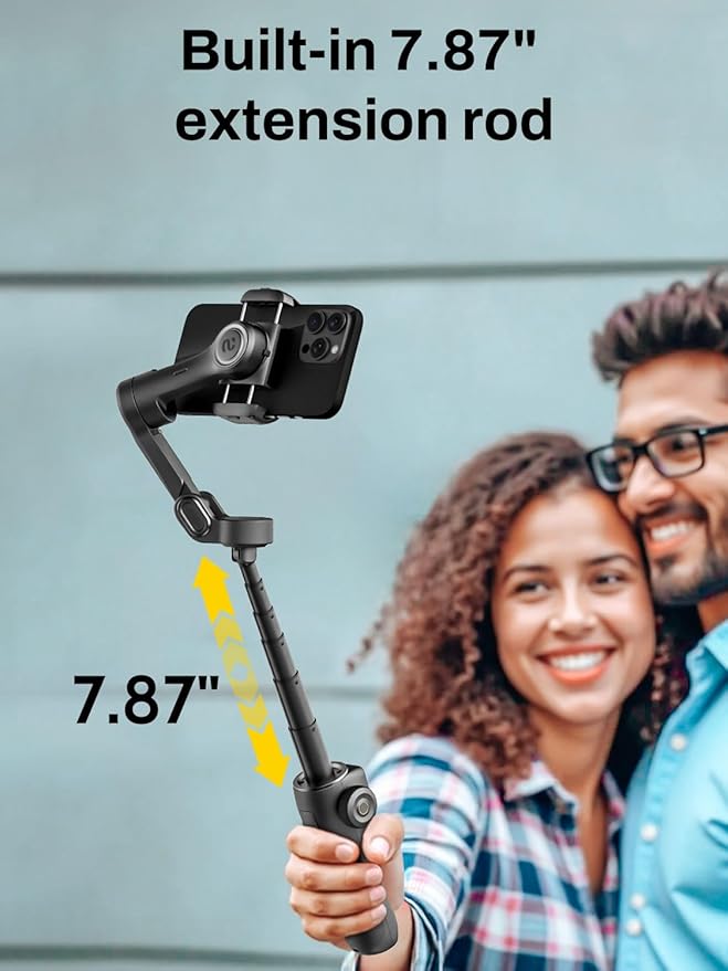 AOCHUAN 3-Axis Gimbal Stabilizer for iPhone, Smartphone Gimbal w/7.8" Extension Rod, OLED Display, Phone Stabilizer w/Face Tracking, Gesture Control, Video Record for iPhone & Android - Smart V8 Black