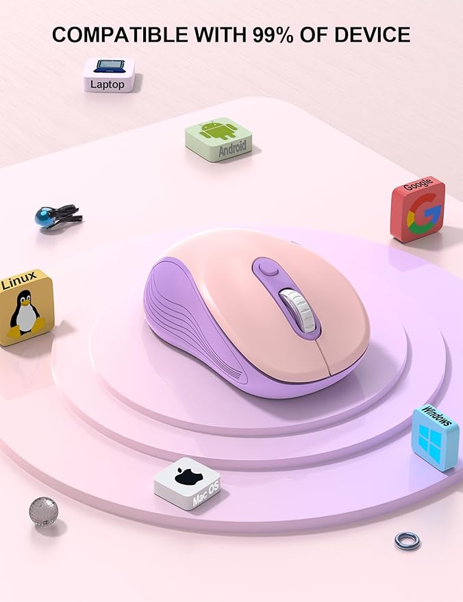 Trueque Wireless Mouse for Laptop, 2.4GHz Ergonomic Computer Mouse with Back & Forward Buttons, 3 Adjustable DPI Levels, 6 Buttons, Optical USB Cordless Mice for Windows PC, M01 (Pink Purple)
