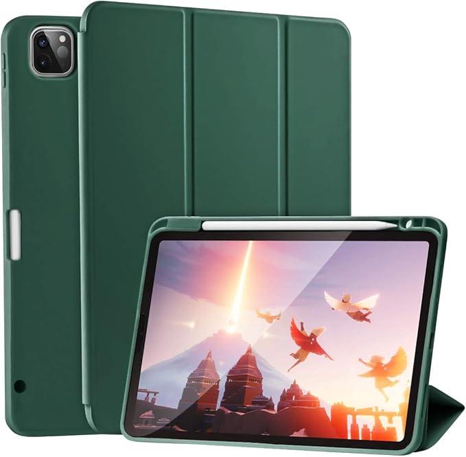 Cases for iPad Pro 12.9 Case 6th/5th/4th Generation (2022/2021/2020) with Pencil Holder [Apple Pencil Wireless Charging] Soft TPU Smart Tri-fold Stand Protective Cover(Midnight Green)