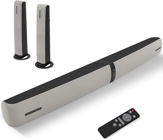 Sound Bar for Smart TV, 90W Soundbar with Bluetooth 5.3/ARC/Optical/AUX Connect, Auto Volume Boost, 3 Customizable Equalizer Modes, 2 in 1 Detachable Soundbar for TV/PC/Gaming/Projectors