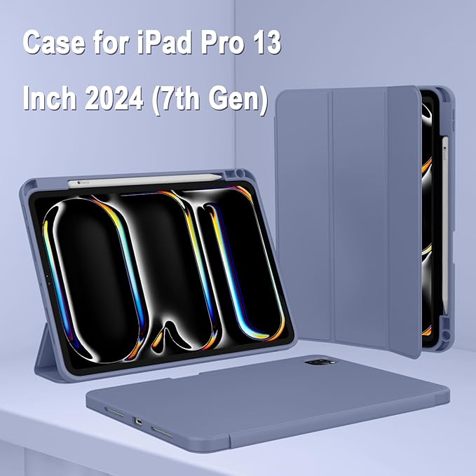 ZryXal New iPad Pro 13 Inch Case (M5) 2025 / (M4) 2024 with Pencil Holder, Smart iPad Case [Support Pencil Pro and Pencil (USB-C)], Support Touch ID and Auto Wake/Sleep (New Lavender)