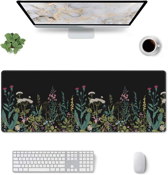Weeds Flowers Large Gaming Mouse Pad Desk Mat, Cute Funny Gifts Big Keyboard Pad with Stitched Edges for Laptop, XL Long Extended Full Non-Slip Base Mousepad for Women Office Decor Black 31.5*11.8 In