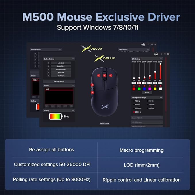 DELUX M500PRO Lightweight Wireless Gaming Mouse, 58.5g Lightweight, PAW3395 Sensor, 8000Hz Polling Rate, Huano Switches, Magnetic Charging Dock, RGB, Tri-Mode, 26000 DPI for PC Laptop Gamers (White)