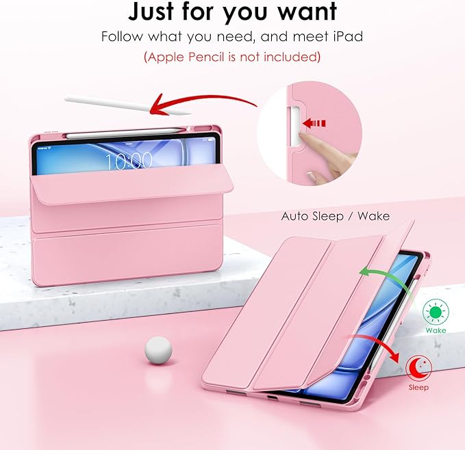 DTTO for iPad Air 13 Inch Case M4/M3/M2 2026/2025/2024, iPad Pro 12.9 Inch Case (6th/5th/4th/3rd Gen), Smart Slim Trifold Stand Soft Cover with Pencil Holder, Pink