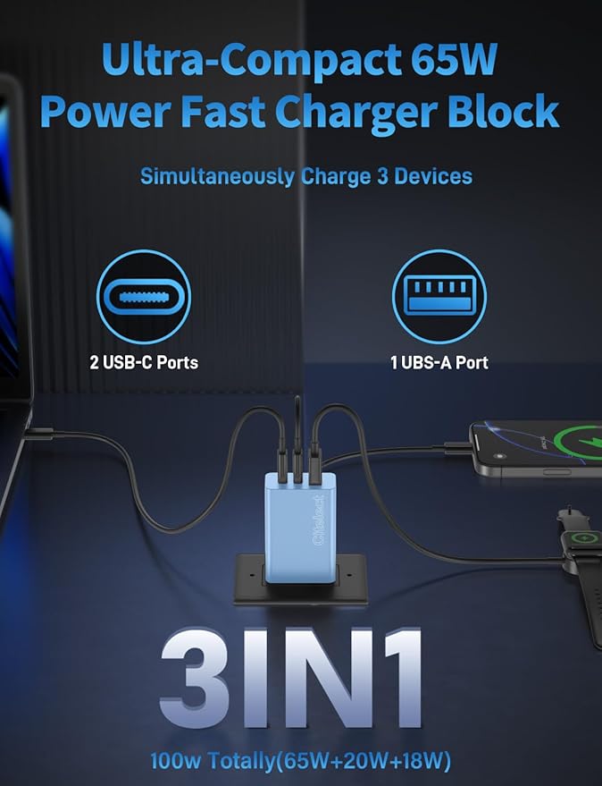 2Pack 65W USB C Charger Block, 3Port Fast Charging Adapter, Type C Fast Charging Blocks Cube PD USBC Wall Plug+QC3.0 USB A Charger Brick for MacBook Pro/Air,iPad,iPhone 17/16,Samsung S26/S25&More-Blue