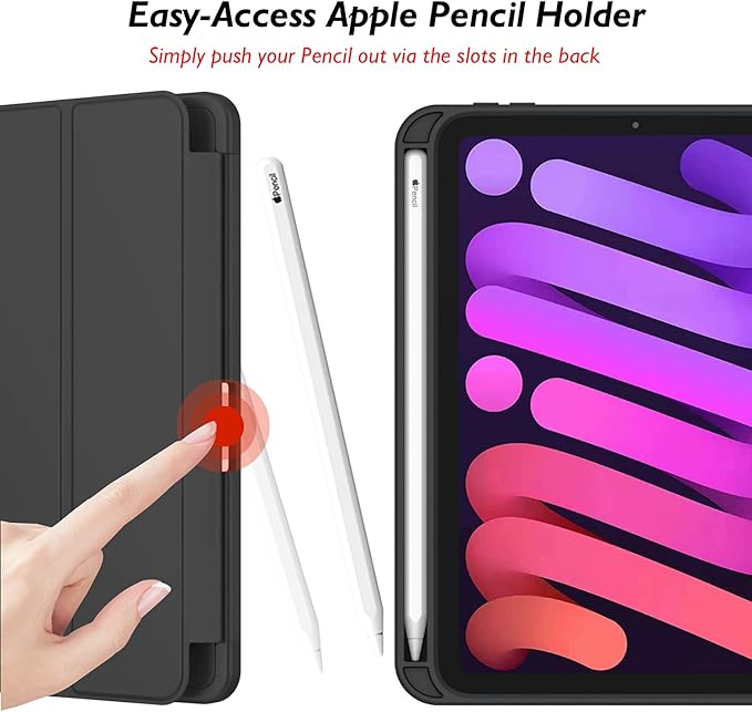 iMieet iPad mini 7 Case 2024 (A17 Pro), iPad mini 6 Case (8.3-Inch,2021 Model), iPad mini 7th/6th Generation Case with Pencil Holder, Trifold Stand Smart Case with Soft TPU Back,Black
