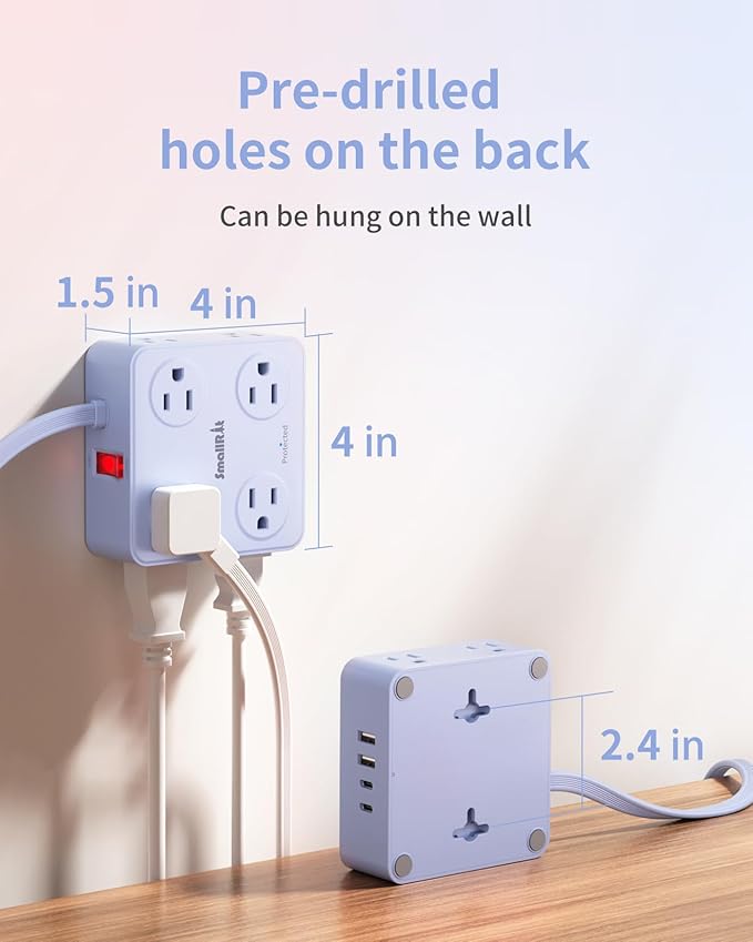 Extension Cord with Multiple Outlets, SMALLRT Flat Plug Power Strip, 10FT Power Strips with Surge Protection with USB Ports, 8 Outlets, Surge Protector Outlet Extender for Home Office Supplies, Blue