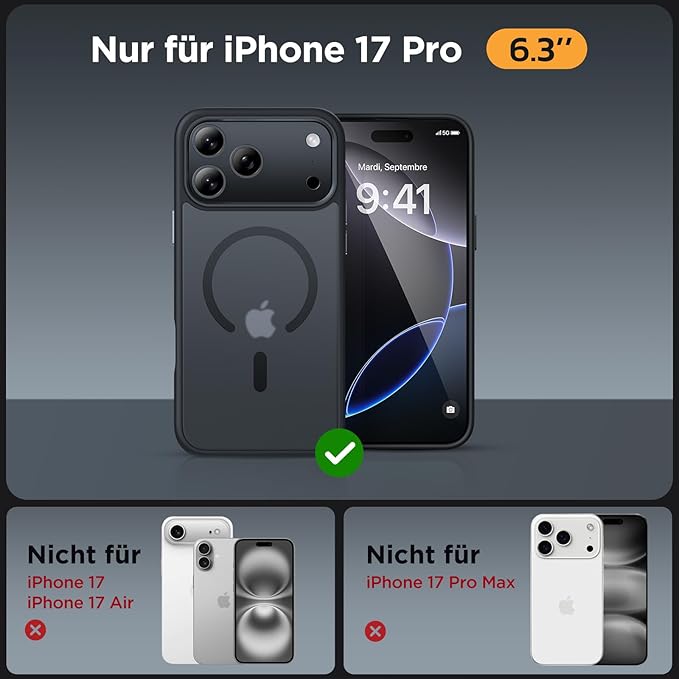 Miracase Magnetic for iPhone 17 Pro Case 6.3" with Screen Protector, [Compatible with MagSafe] Military-Grade Protection, Anti-Fingerprint, Slim Thin Phone Case for iPhone 17 Pro Cover, Black