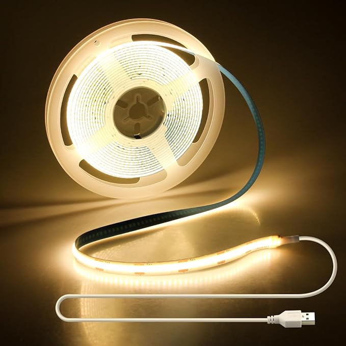 Aclorol 13.12FT/4M USB COB LED Strip Lights Warm White LED TV Backlight with Strong Self-Adhesive Flexible for Bedroom Shelves Bedframe Headboard Closet Wardrobe Display Case 320LEDs/M 3000K 8MM Width