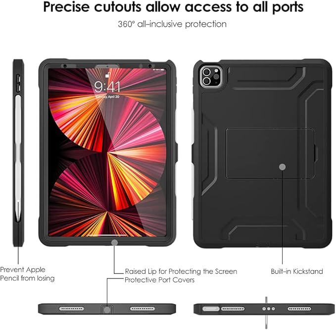 DTTO for iPad Pro 11 inch Case 2022(4th Gen)/2021(3rd Gen), [Screen Protector] Dual Layer Full Body Protection Cover with Pencil Holder, Also Fit iPad Pro 11'' 2020&2018/iPad Air 5/Air 4 - Black