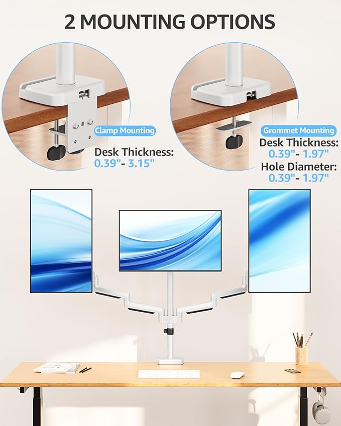 MOUNTUP Triple Monitor Stand Mount - 3 Monitors Desk Mount for Computer Screens Up to 27 inch, Triple Monitor Arm, Heavy Duty Monitors Stand, Each Arm Holds 4.4-19.8 lbs, White