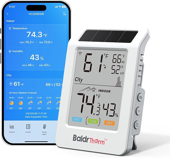 WiFi Thermometer Hygrometer with Freezing Alert, Solar Boost Wireless Indoor Outdoor Temperature Humidity Monitor, 3.9" Large Screen, App Alerts for Greenhouse, Pipe Protection, Cellar & Baby Room