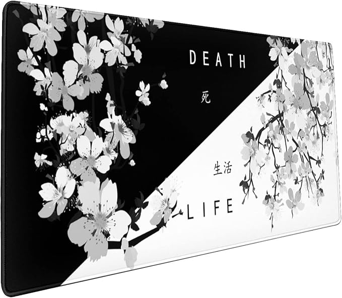 Black White Japanese Mouse Pad 35.4 X 15.7 Inch XXL Cherry Blossom Death Life Full Desk Mousepad Extended Large Non-Slip Rubber Base Big Keyboard Mat with Stitched Edges for Gaming and Office