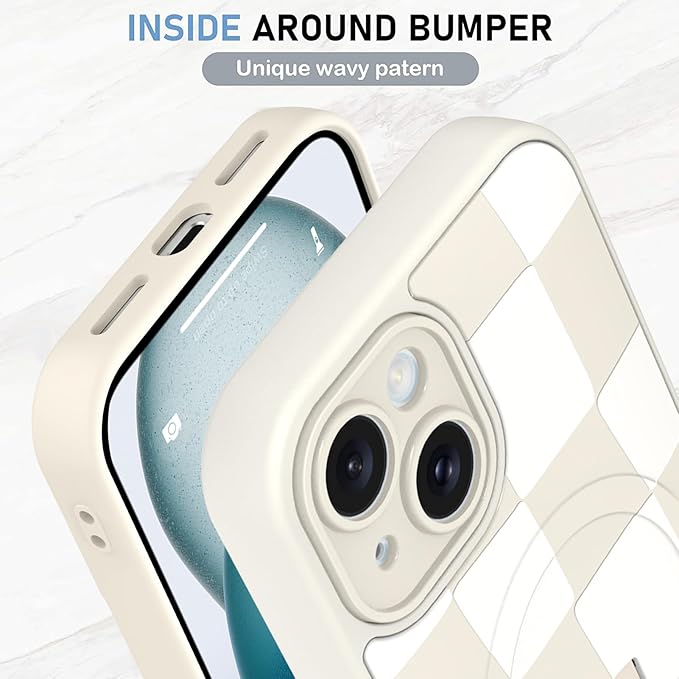 KANGHAR Compatible with iPhone 15 Case, Support for MagSafe, Silicone Checkered Cute Pattern, Wristband Kickstand Camera Protection Soft Slim Cover for Girls Women -White