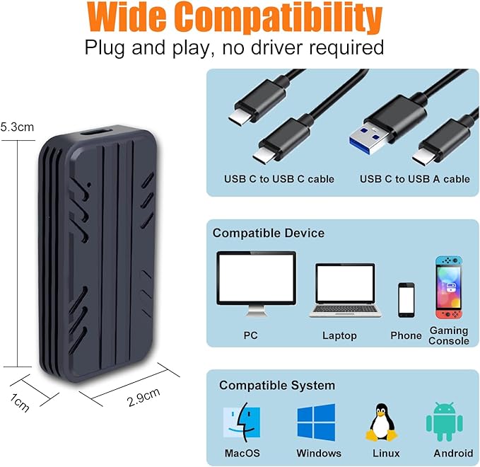 2230 NVMe Enclosure USB-C 3.2, 10Gbps External Drive Case for M.2 2230 PCIe SSD M Key, Type C to Type C/USB A Cable, Support UASP Trim, Aluminum Alloy, Compatible with Windows, macOS, Linux