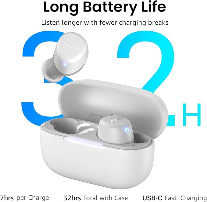 TOZO A1 Wireless Earbuds Bluetooth 5.3 Light Weight in Ear IPX5 Waterproof Headphones 2 Mic for AI Calls, Immersive Premium Sound Bass Headset with Charging Case, 32 Presets EQ Customization via App
