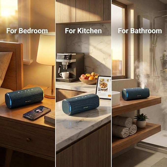 40W Bluetooth Shower Speaker, IPX7 Waterproof Floating Pool Speaker with Interactive Tap-to-Play Drum Beats, 25H Playtime, LED Lights, Built-in Mic for Hands-Free Calls in Bathroom, Blue