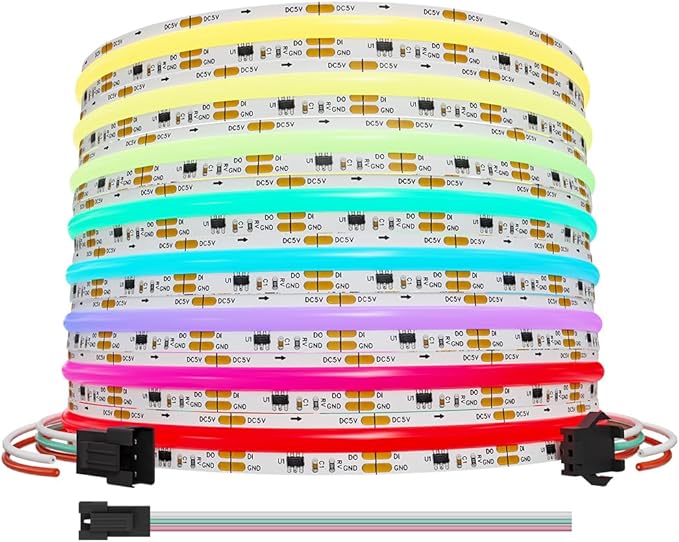 DC5V Smart WS2811 IC RGB COB LED Strip 16.4FT/5M, 720LED/m 40IC/M 10mm Width High Density Uniform Chasing Color Light DC5V White PCB Flexible Tape Light(No Adapter or Controller)