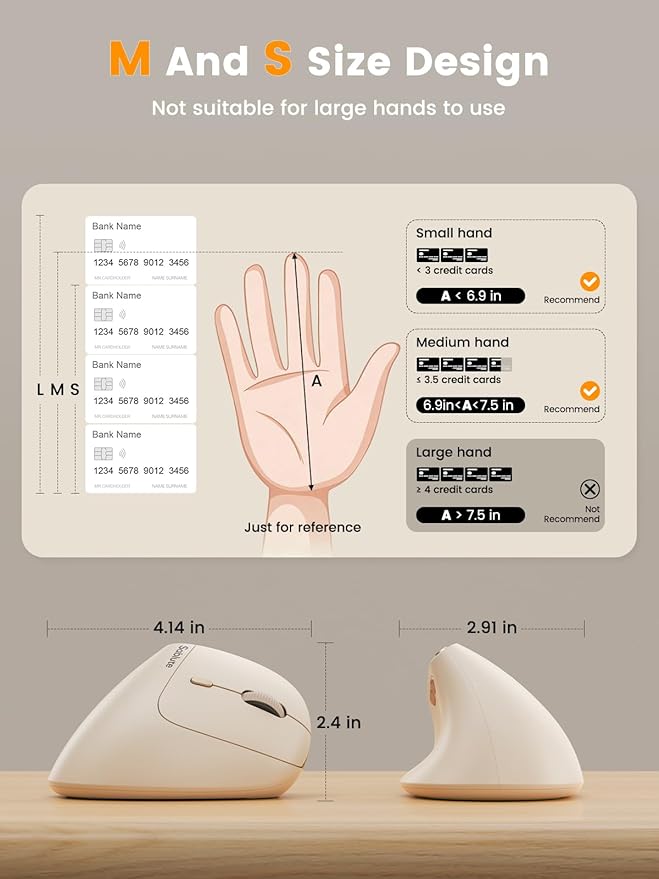SABLUTE MAM3 Ergonomic Mouse, Rechargeable Wireless Vertical Mouse with 4 Adjustable DPI for Small/Medium Hands, Dual-Device Connectivity for Computer/PC/Laptop,Bluetooth Mouse for Window,Mac OS,Beige