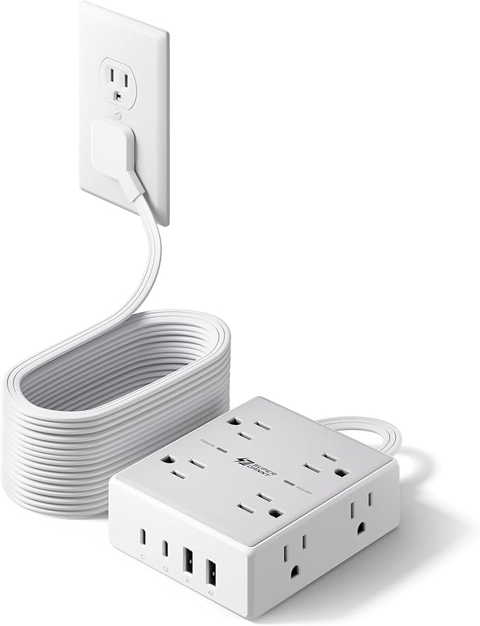 25Ft Long Extension Cord, Flat Plug Power Strip with 8 Outlets & 4 USB Ports (2 USB C), Wall Mountable Surge Protector, Desk Charging Station for Home Office, Dorm Room Essentials