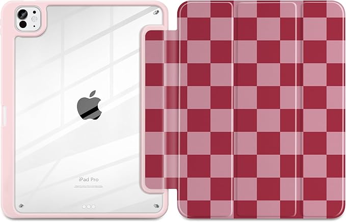 TWOLSKOO Case for iPad Pro 11-inch (M5 2025 / M4 2024), Clear Acrylic Back with TPU Bumper, Pencil Holder, Trifold Stand, Auto Sleep/Wake, Pink Checkerboard