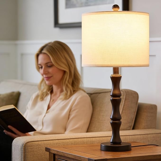BOBOMOMO 25" Classic Table Lamps Set of 2, Farmhouse Nightstand Lamps with Dark Brown Resin Base & Linen Shade, Standard Table Lamps for Bedroom, Living Room, Hallway & House Décor