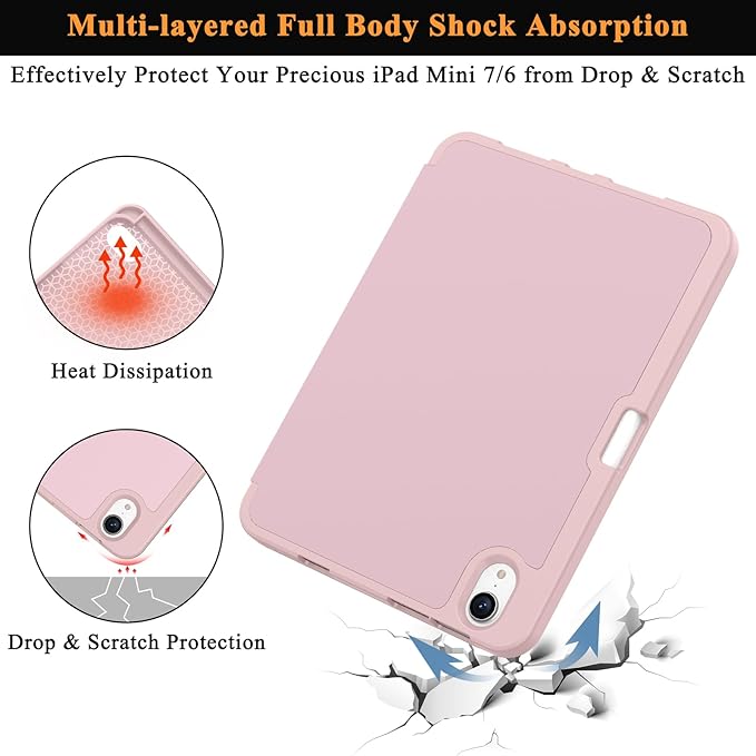 Soke Case for iPad mini 7(A17 Pro) 2024/iPad Mini 6 2021 8.3 inch with Pencil Holder-[Pencil Charging + Auto Wake/Sleep], Soft TPU Back Cover for iPad mini 7th/6th Generation(Pink)