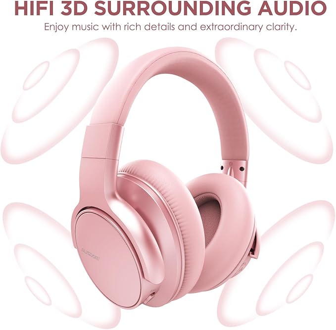 AUSDOM E7 Bluetooth Active Noise Cancelling Headphones, Wireless Over Ear ANC with Microphone, Hi-Fi Stereo Sound, 50H Playtime, Comfortable Earpads for Travel Work TV Phones, Rose Gold