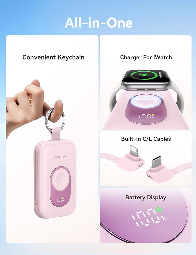 RORRY CharmGo Portable Charger, 20000mAh PD 30W Portable Charger Power Bank with 2 Built-in Cables, Fast Charging Battery Pack with Keychain, Travel Essentials for iPhone, Apple Watch, iPad, Mulberry
