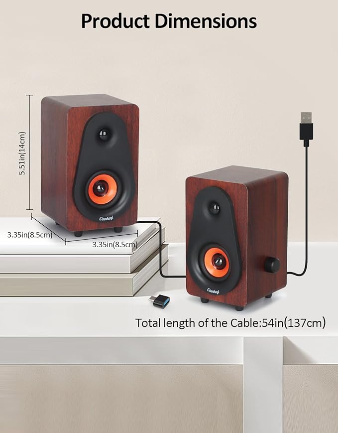 Computer Speakers 12W, Wooden Desktop Speakers USB Powered with Dual Diaphragm, High-Fidelity Stereo Sound for PC Laptop Monitor Tablet, Built-in Audio Output Jack – 2026 Upgrade