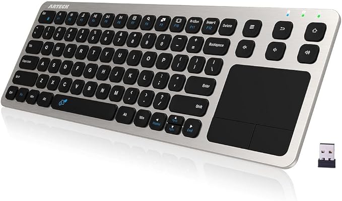 Arteck 2.4G Wireless Touch TV Keyboard with Easy Media Control and Built-in Touchpad Mouse Solid Stainless Ultra Compact Full Size Keyboard -Connected Computer, Smart TV, HTPC