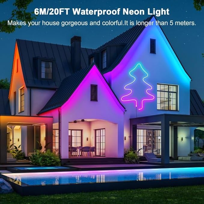 Cozylady RGB Neon LED Rope Lights, Waterproof Bluetooth APP Remote Control Music Sync Strip Lights, 24V Flexible DIY Silicone Light for Bedroom Home Indoor Outdoor Decor (6M/20Ft)